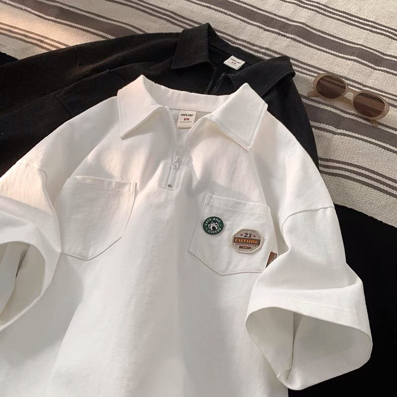 Áo polo gắn tag Unisex - myndi_clothes - Áo có cổ có khóa kéo chất vải cotton 4 chiều năng động mặc đi học, đi làm