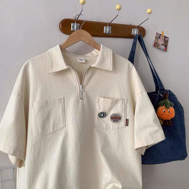 Áo polo gắn tag Unisex - myndi_clothes - Áo có cổ có khóa kéo chất vải cotton 4 chiều năng động mặc đi học, đi làm