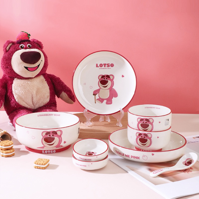 Bộ đồ ăn bát,tô,đĩa chất liệu gốm sứ in hình Gấu Dâu Lotso dễ thương hàng cao cấp chính hãng Disney