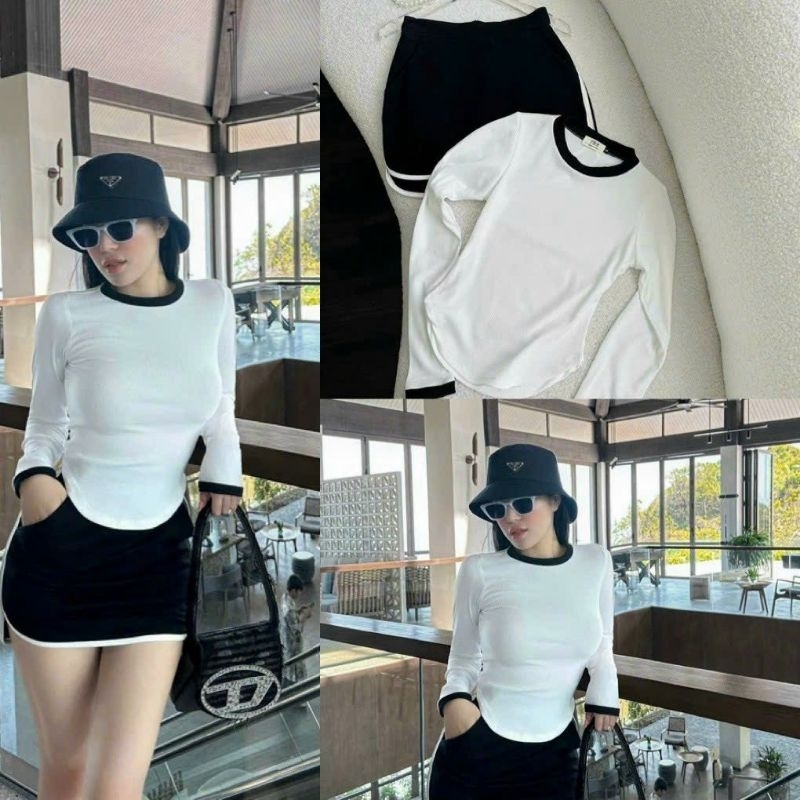 Set Áo Tay Dài Cổ Tròn Vạt Bầu Và Chân Váy Bút Chì - Dáng Ngắn Ôm Body Sexy - Set Thể Thao Viền Cá Tính Cute