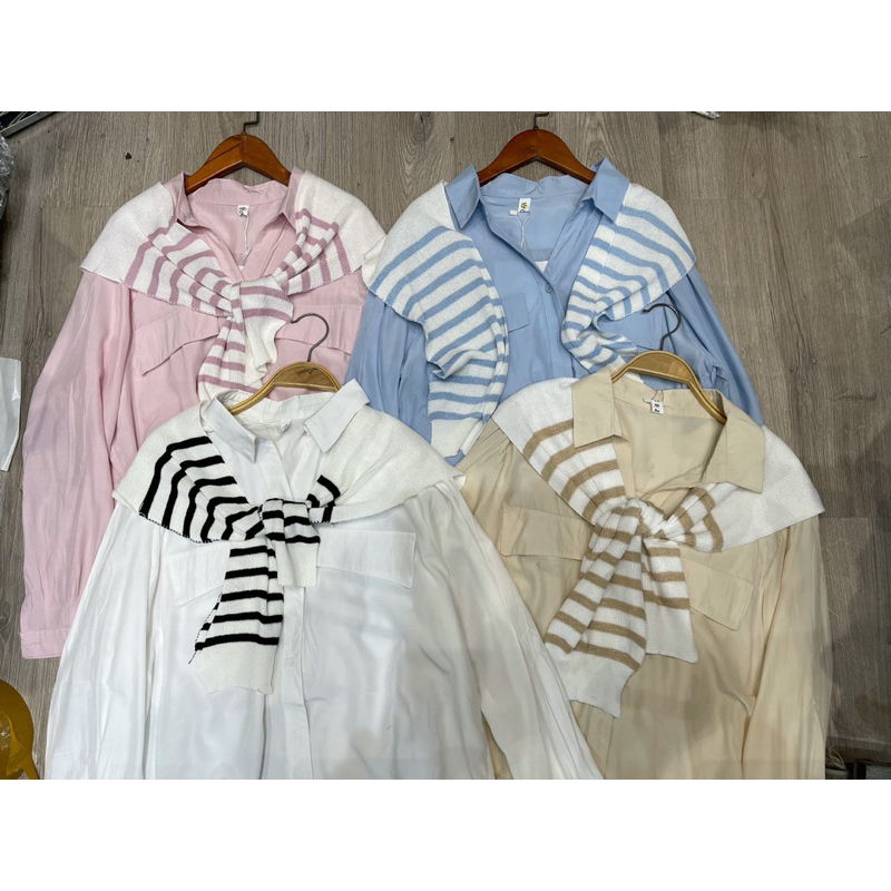 Áo SơMi kèm khăn len kẻ tháo rời chất mát oversize dáng rộng ảnh sàn thật - hàng có sẵn