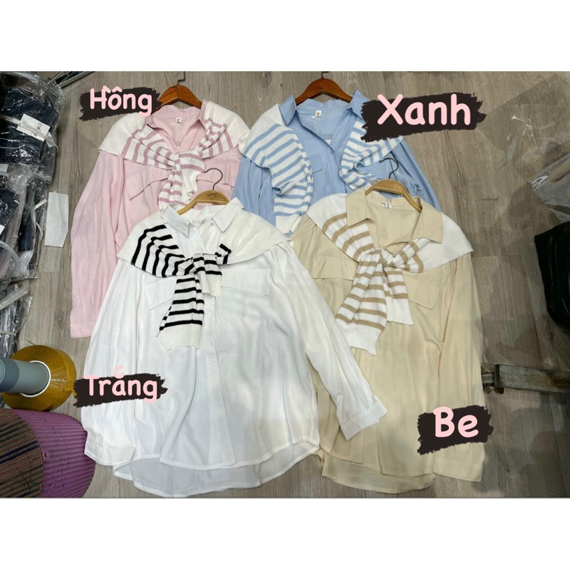 Áo SơMi kèm khăn len kẻ tháo rời chất mát oversize dáng rộng ảnh sàn thật - hàng có sẵn