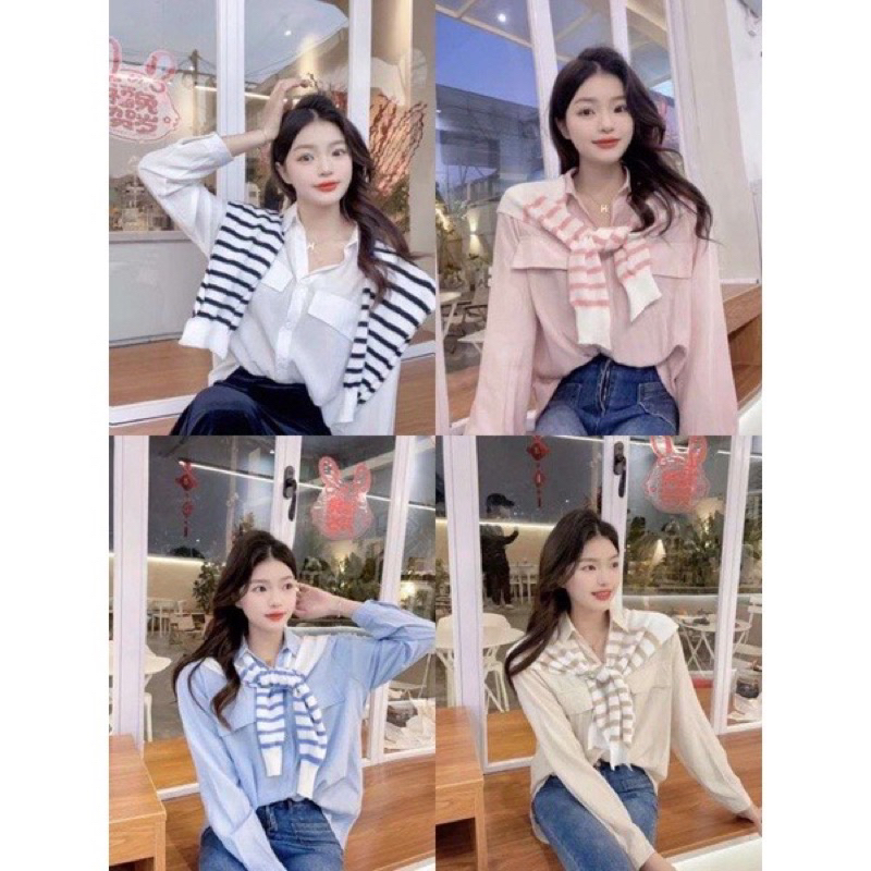 Áo SơMi kèm khăn len kẻ tháo rời chất mát oversize dáng rộng ảnh sàn thật - hàng có sẵn