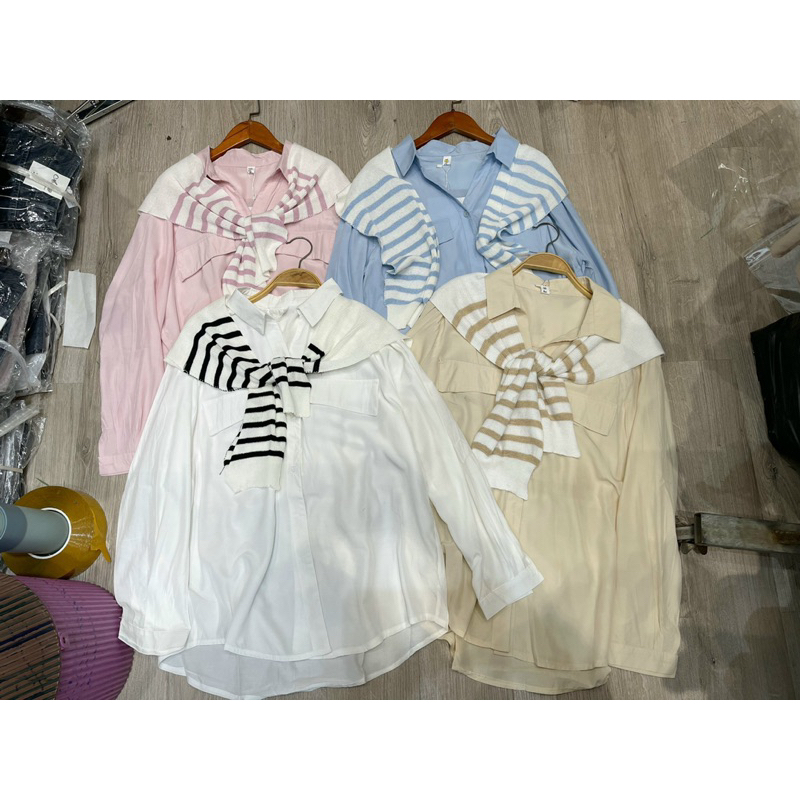 Áo SơMi kèm khăn len kẻ tháo rời chất mát oversize dáng rộng ảnh sàn thật - hàng có sẵn