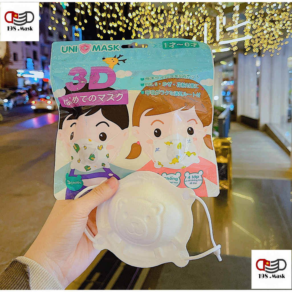 Thùng khẩu trang cho bé gấu 3D trẻ 0-3 tuổi thương hiệu UNIMASK xuất Nhật (36 chiếc)