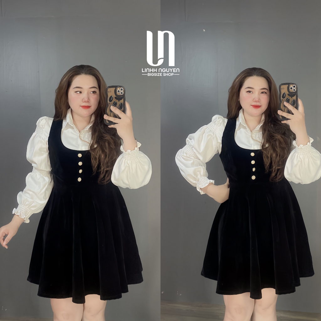 Set Váy Yếm Nhung Kèm Áo Sơ Mi Kiểu Bigsize (58-90kg) Linhh Nguyen Bigsize