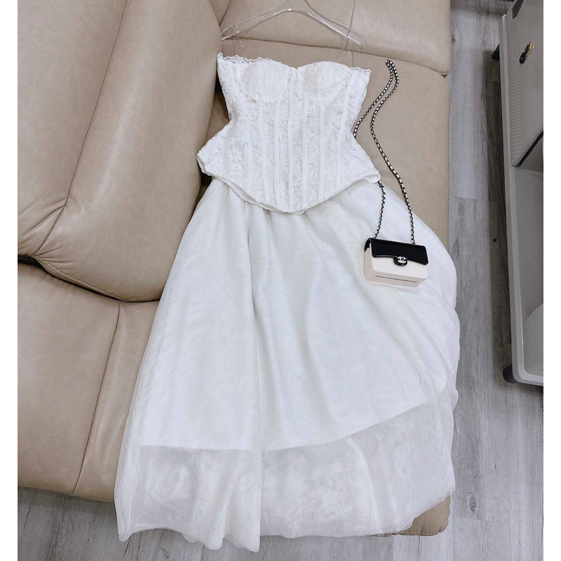 😘😘 SÉT ÁO REN TRẮNG CÚP NGỰC + CHÂN VÁY MIDI LƯỚI