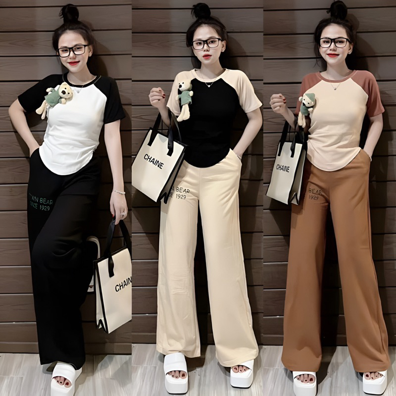 Set Bộ Áo Croptop Vạt Bầu Gắn Gấu Bông+ Quần Ống Xuông Dây Thừng