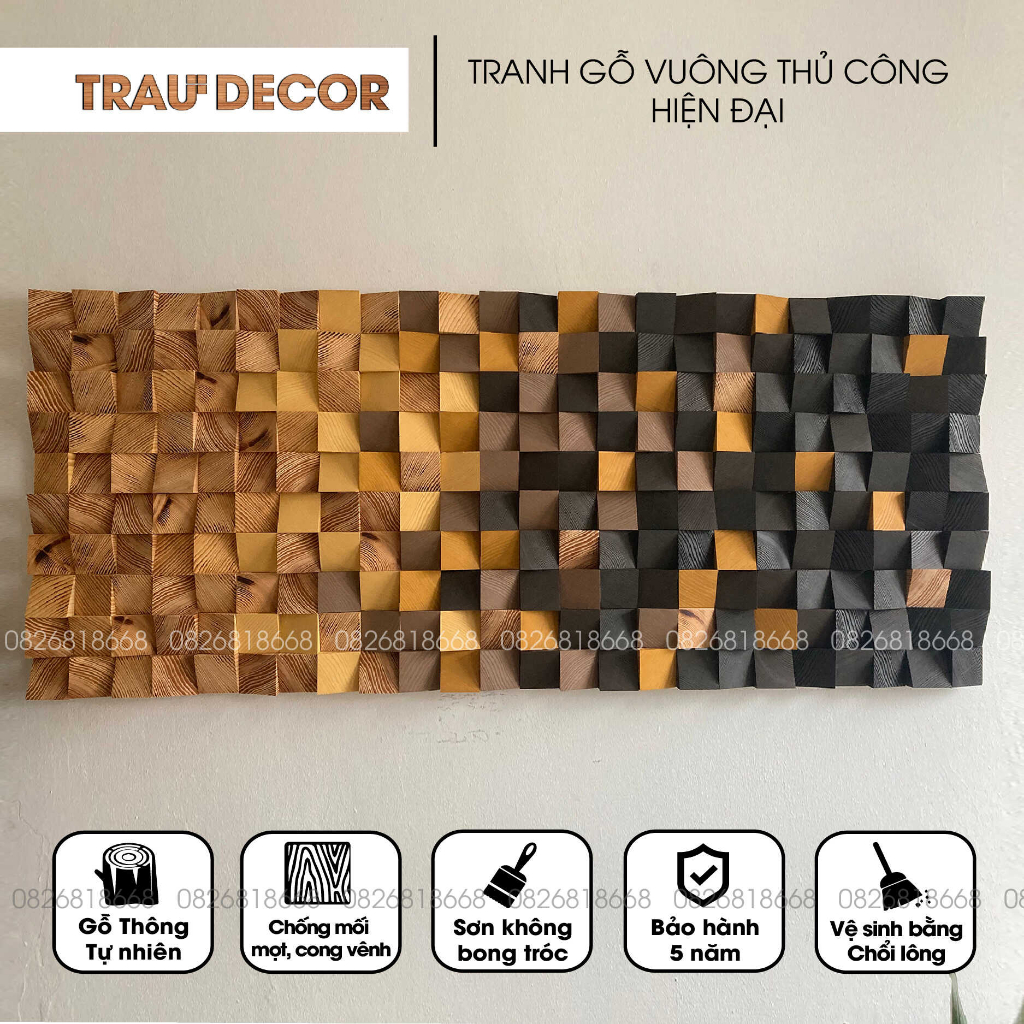 Tranh Gỗ vuông 3D thủ công Tone màu Vàng Đen