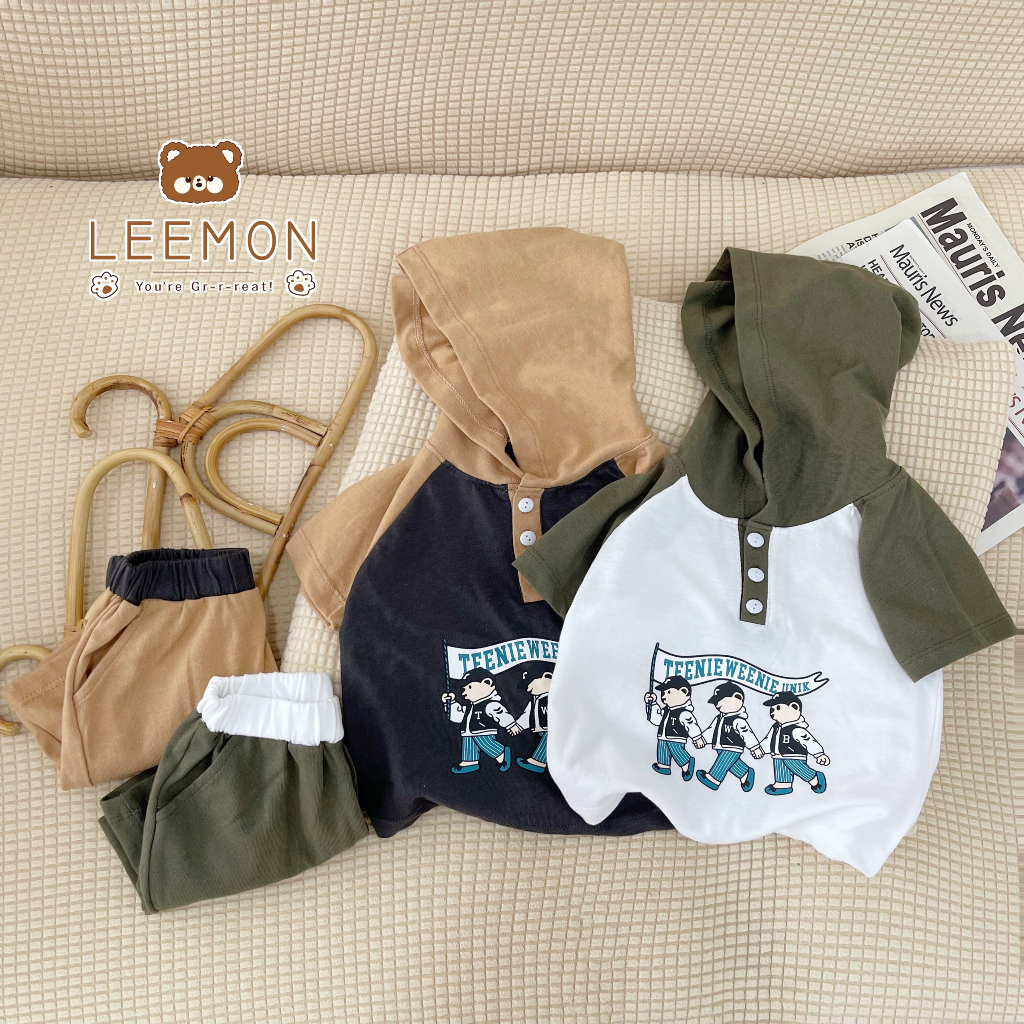Bộ Raglan phối mũ in gấu Leemon cho bé trai