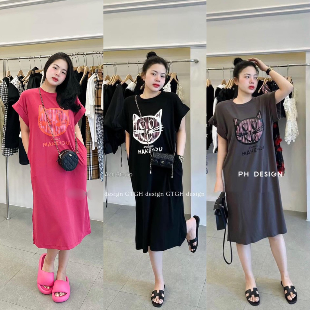 Váy suông dáng dài in hình mèo make cute - Đầm thun co dãn mặc nhà hình mèo xinh xắn