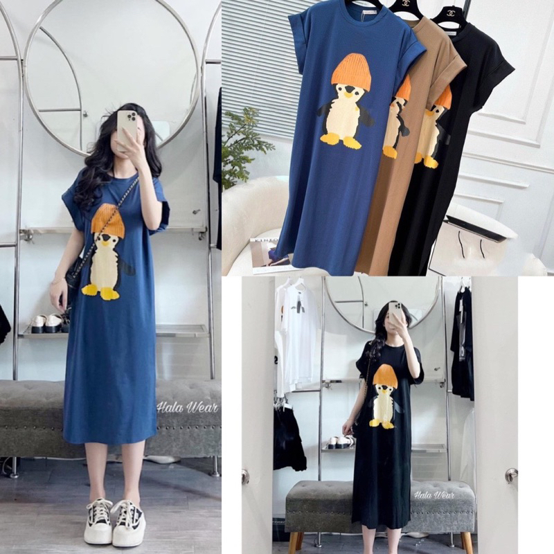 Váy suông dáng dài in hình chim cánh cụt cute - Đầm thun co dãn mặc nhà hình chim xinh xắn