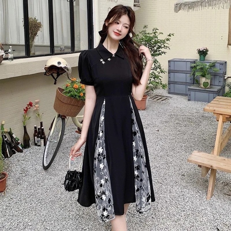 Váy đầm sườn xám cách tân phối hoa dài qua gối  phong cách Ulzzang