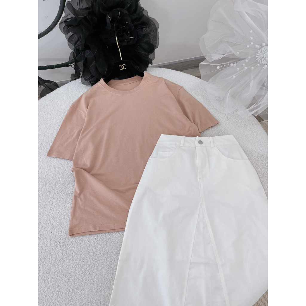 SET ÁO NÂU TRƠN + CHÂN VÁY TRẮNG MIDI SUÔNG (TH)
