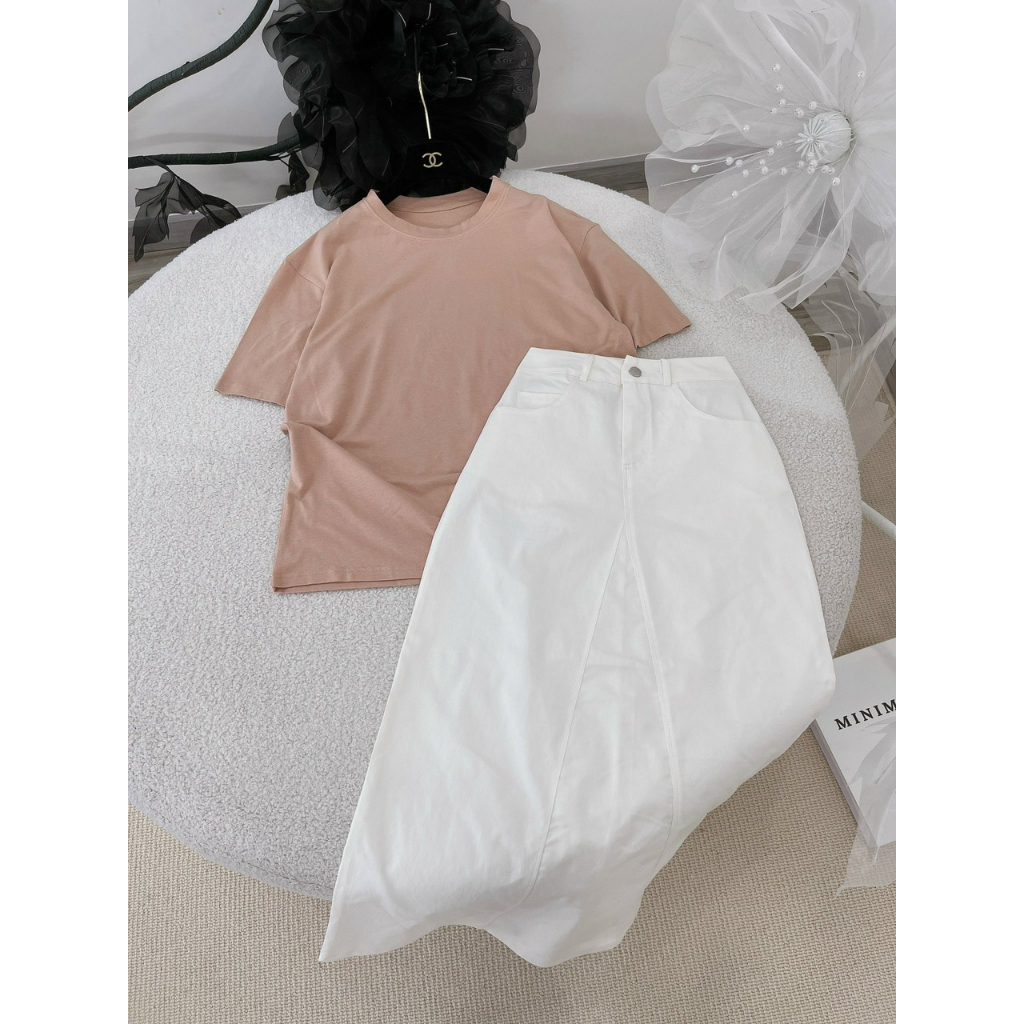 SET ÁO NÂU TRƠN + CHÂN VÁY TRẮNG MIDI SUÔNG (TH)