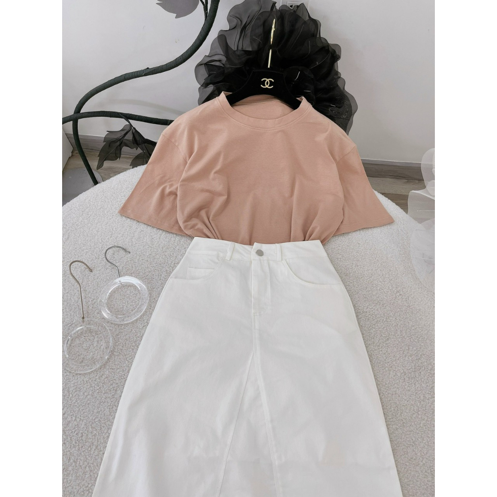 SET ÁO NÂU TRƠN + CHÂN VÁY TRẮNG MIDI SUÔNG (TH)