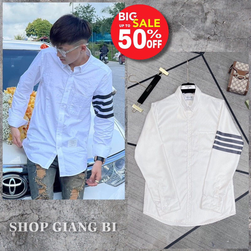 Áo sơ mi trắng đơn giản kẻ 4 sọc tay áo vải gai super,áo sơ mi trắng thom browne kẻ 4 vạch tay áo dáng cơ bản dễ phối đồ