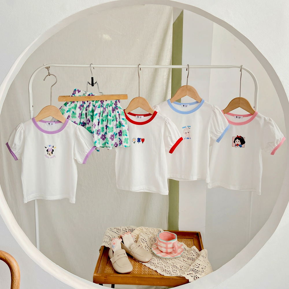 Áo Thun Bé Gái Cotton Tay Ngắn Phồng Cao Cấp Mùa Hè Họa Tiết Hoạt Hình Dễ Thương Phong Cách Hàn Quốc Từ 3-10 Tuổi
