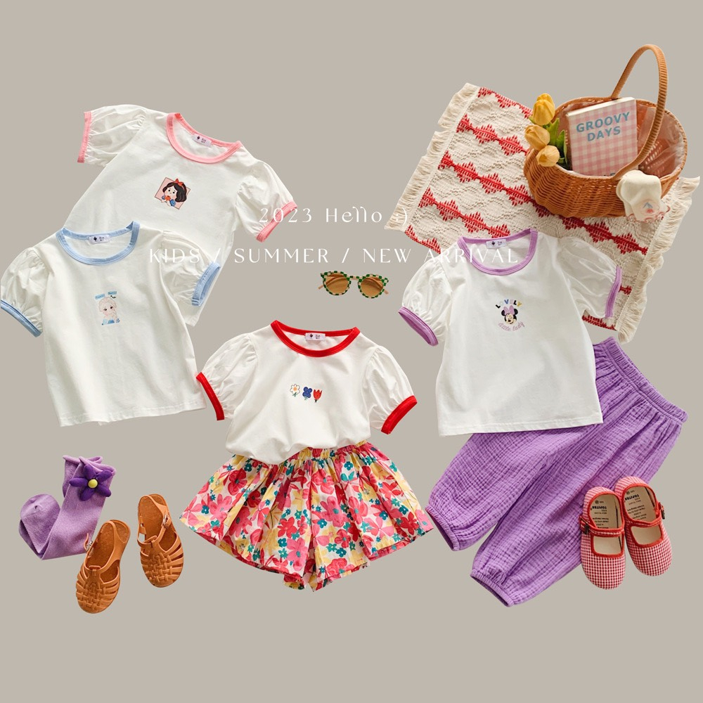 Áo Thun Bé Gái Cotton Tay Ngắn Phồng Cao Cấp Mùa Hè Họa Tiết Hoạt Hình Dễ Thương Phong Cách Hàn Quốc Từ 3-10 Tuổi