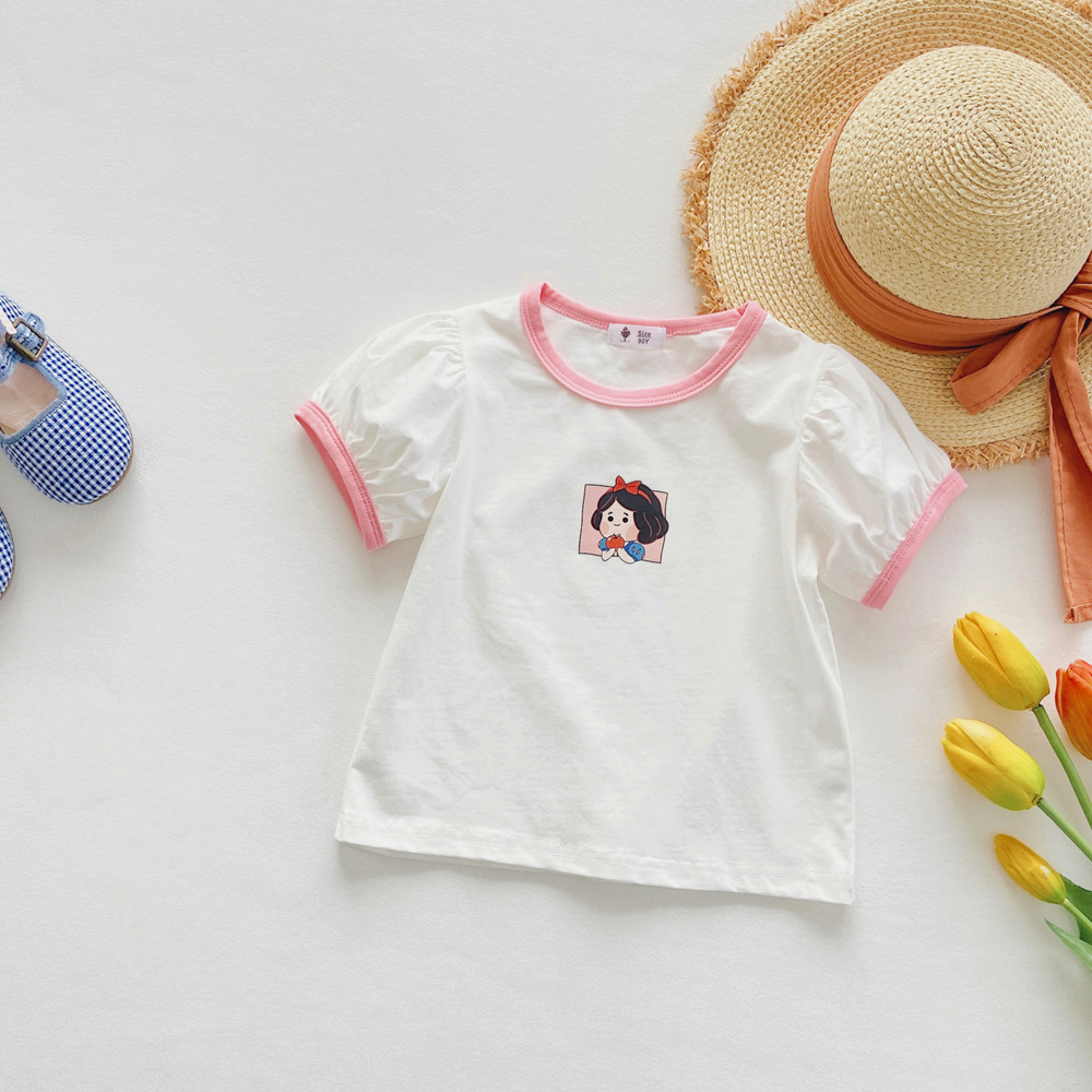 Áo Thun Bé Gái Cotton Tay Ngắn Phồng Cao Cấp Mùa Hè Họa Tiết Hoạt Hình Dễ Thương Phong Cách Hàn Quốc Từ 3-10 Tuổi