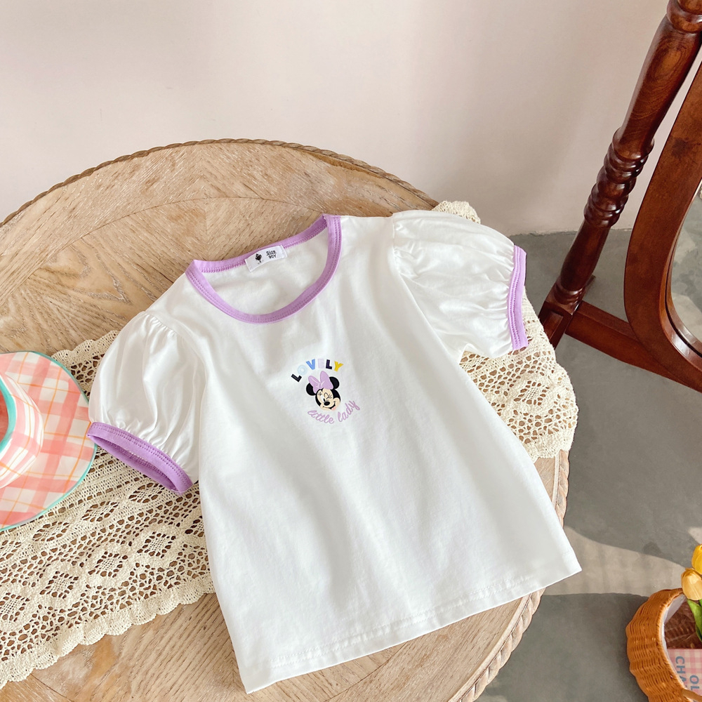 Áo Thun Bé Gái Cotton Tay Ngắn Phồng Cao Cấp Mùa Hè Họa Tiết Hoạt Hình Dễ Thương Phong Cách Hàn Quốc Từ 3-10 Tuổi