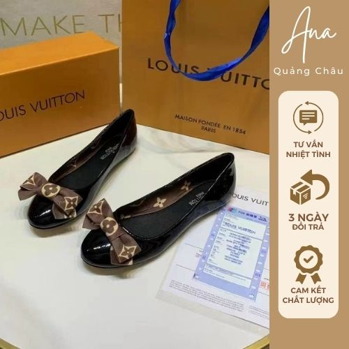 Giày Búp Bê Nữ LV Màu Đen Mũi Tròn Đế Bệt Đính Nơ Xinh Xắn Da Mềm Cực Êm Chân Phong Cách Hàn Quốc Ana Quảng Châu