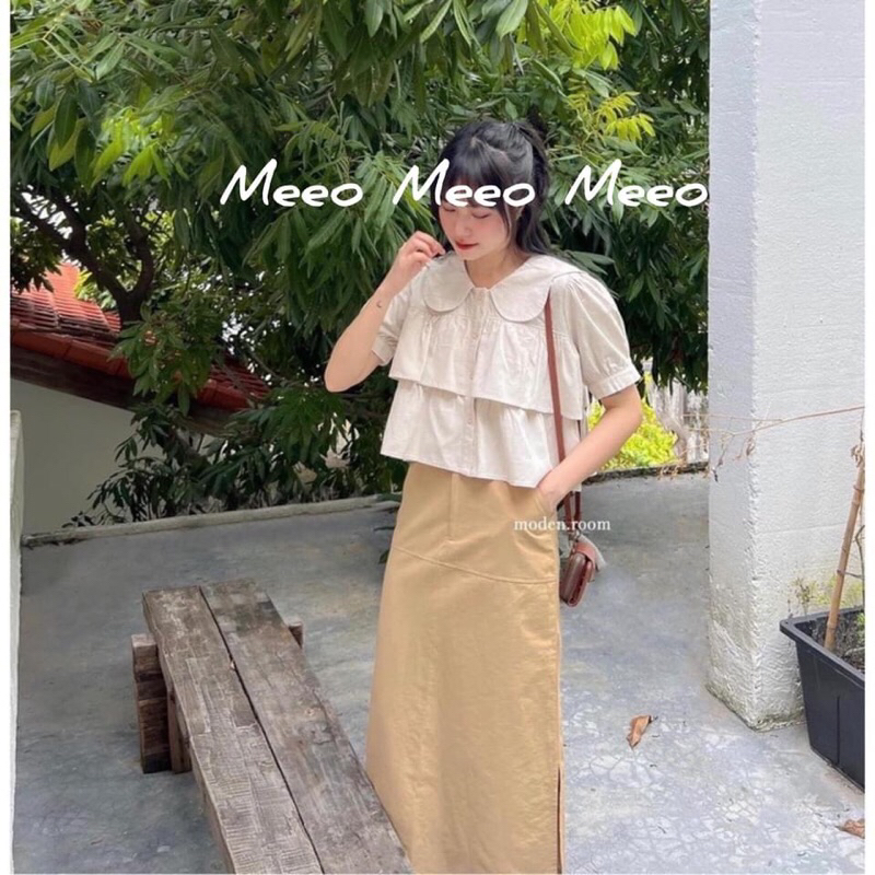 Set váy áo croptop cổ sơ mi tay cộc mix chân váy dài sẻ xinh xắn