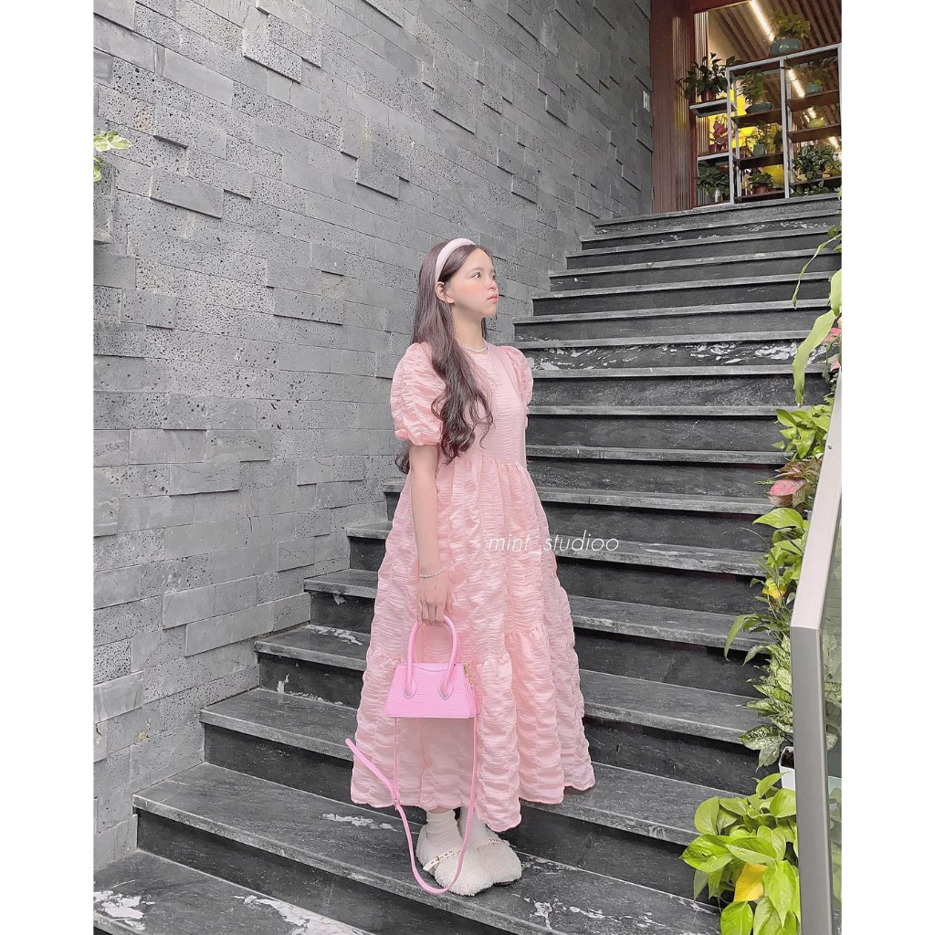 Váy Đầm Babydoll Dáng Dài Maxi Tay Bồng Chất Vải Tơ Mềm Mịn Thoáng Mát Phong Cách Dễ Thương Baby