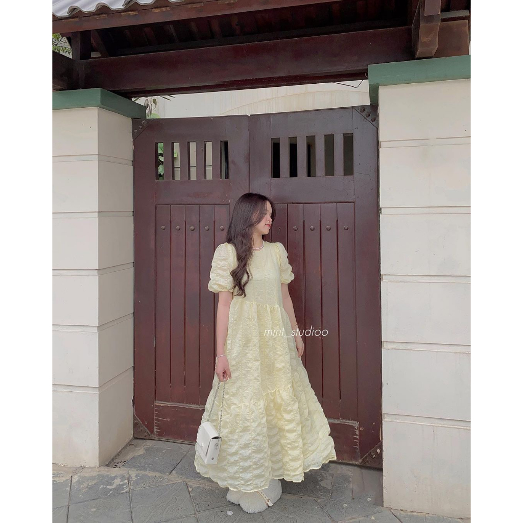 Váy Đầm Babydoll Dáng Dài Maxi Tay Bồng Chất Vải Tơ Mềm Mịn Thoáng Mát Phong Cách Dễ Thương Baby