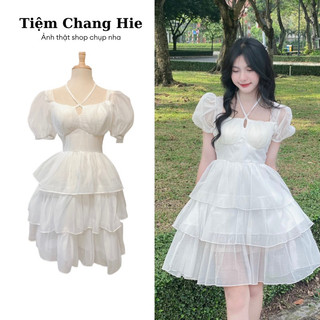 Đầm công chúa trắng 3 tầng tay bồng dây chéo ngực | Váy công chúa tiểu thư đi tiệc du lịch sinh nhật kỉ yếu