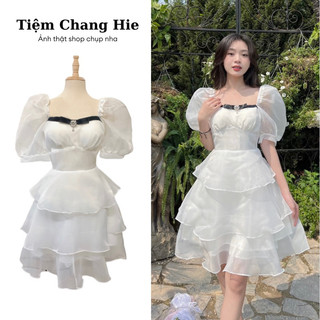 Đầm trắng công chúa 3 tầng tay bồng viền ngực | Váy đi tiệc du lịch sinh nhật kỉ yếu