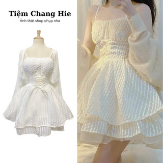 Set đầm công chúa 2 dây trắng xốp đan dây kèm áo khoác |Váy nữ đi tiệc du lịch sinh nhật kỉ yếu |TiệmChangHie