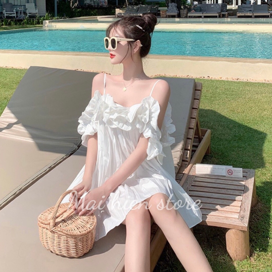 Thông tin váy trễ vai, đầm nữ 2 dây dáng dài xếp ly siêu xinh, mặc đi biển, dự tiệc sang trọng chất vải mềm mịn, VAY001