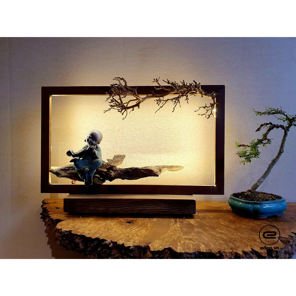 Tượng Gỗ Lũa Chú Tiểu - Đèn gỗ lũa decor
