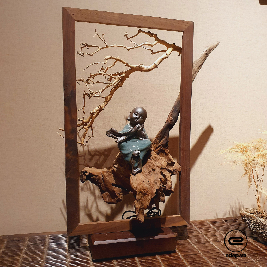 Tượng Gỗ Lũa Chú Tiểu Đứng - Đèn gỗ lũa decor - Tượng Gỗ Lũa Xông Trầm