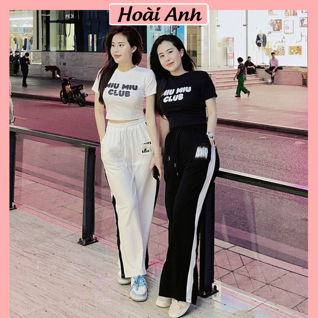 Set Bộ Đồ Nữ Áo Croptop MiuMiu CLUB Ngắn Tay Mix Quần Suông Ống Rộng Phối Sọc Freesize