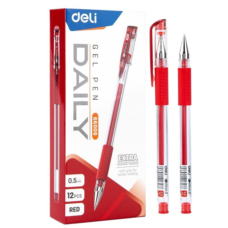 [TẶNG BÚT BI] Hộp 12 Bút gel Deli E6600S nét 0.5mm - MỰC ĐỎ