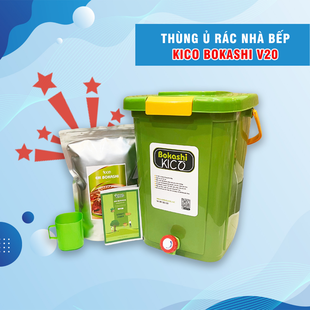 Thùng Ủ Rác Hữu Cơ Bokashi 20L Kico V20 (có nắp cài, gioăng cao su kín khí) - Tặng Túi EM Bokashi 0,5Kg