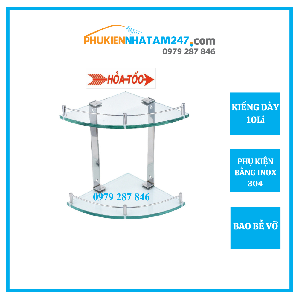Kệ góc kiếng 2 tầng Inox 304 PHÁT ĐẠT, để xà bông, để gia vị góc tường, kính phòng tắm nhà tắm (SP047)