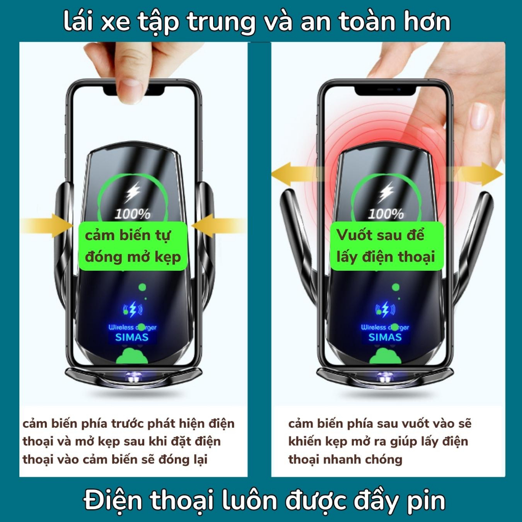 sạc điện thoại không dây ô tô 15W SIMAS, giá sạc điện thoại tự động đóng mở trên ô tô cao cấp chắc chắn đa năng | BigBuy360 - bigbuy360.vn