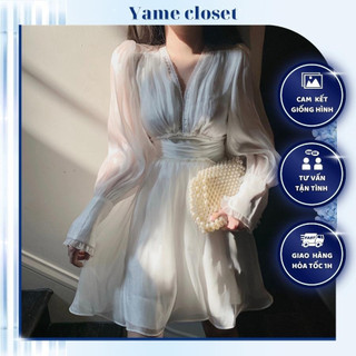 Váy dư tiệc tay phồng khoét hở lưng, đầm tiểu thư chất lụa satin cao cấp sang chảnh Yame closet - VK05