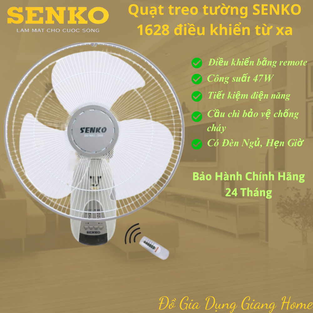 Quạt treo tường Senko TR1628 mẫu mới chạy êm, Remote Điều Khiển Từ Xa, Hẹn Giờ, có Đèn ngủ - Bảo Hành 2 Năm