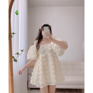 đầm trễ vai voan hoa nổi đính cute tay phồng