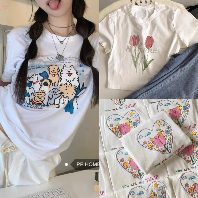 Áo thun baby tee Tulip đáng yêu nữ. Tay Ngắn Cổ Tròn In Họa Tiết Phong Cách Retro Mỹ Thời Trang Mùa Hè Cho Nữ