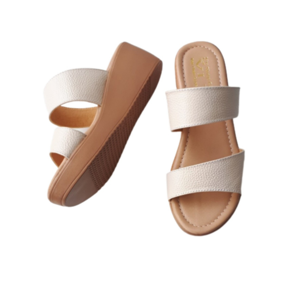 Dép quai ngang nữ đế bằng da bò thật cao cấp VI VI .Đế cao 5 phân .