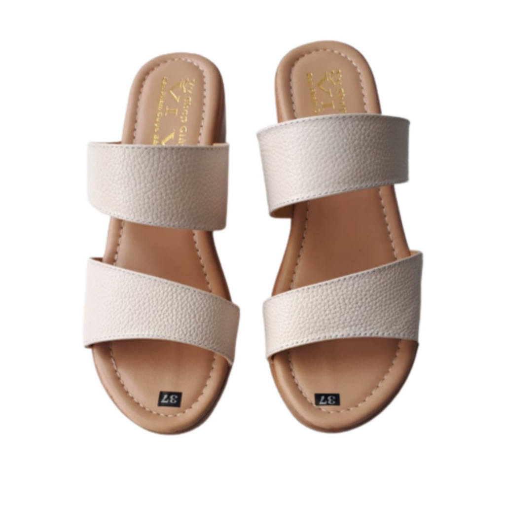 Dép quai ngang nữ đế bằng da bò thật cao cấp VI VI .Đế cao 5 phân .