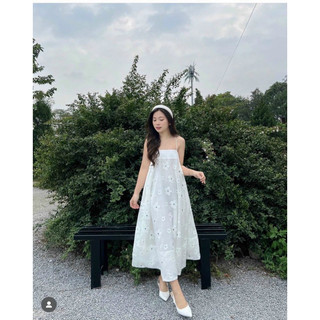 ( Shopnhany ) ĐẦM MAXI 2 DÂY HOA NHÚN THUN