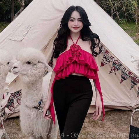 Áo kiểu nữ 3 tầng bèo cột dây cổ đính hoa hồng siêu sang chảnh
