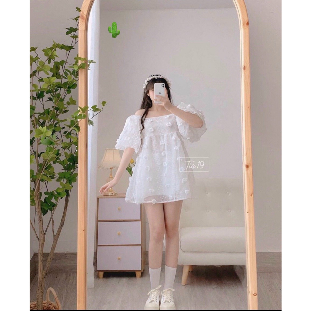 đầm xòe bbd trễ vai hoa nổi tay bồng cute