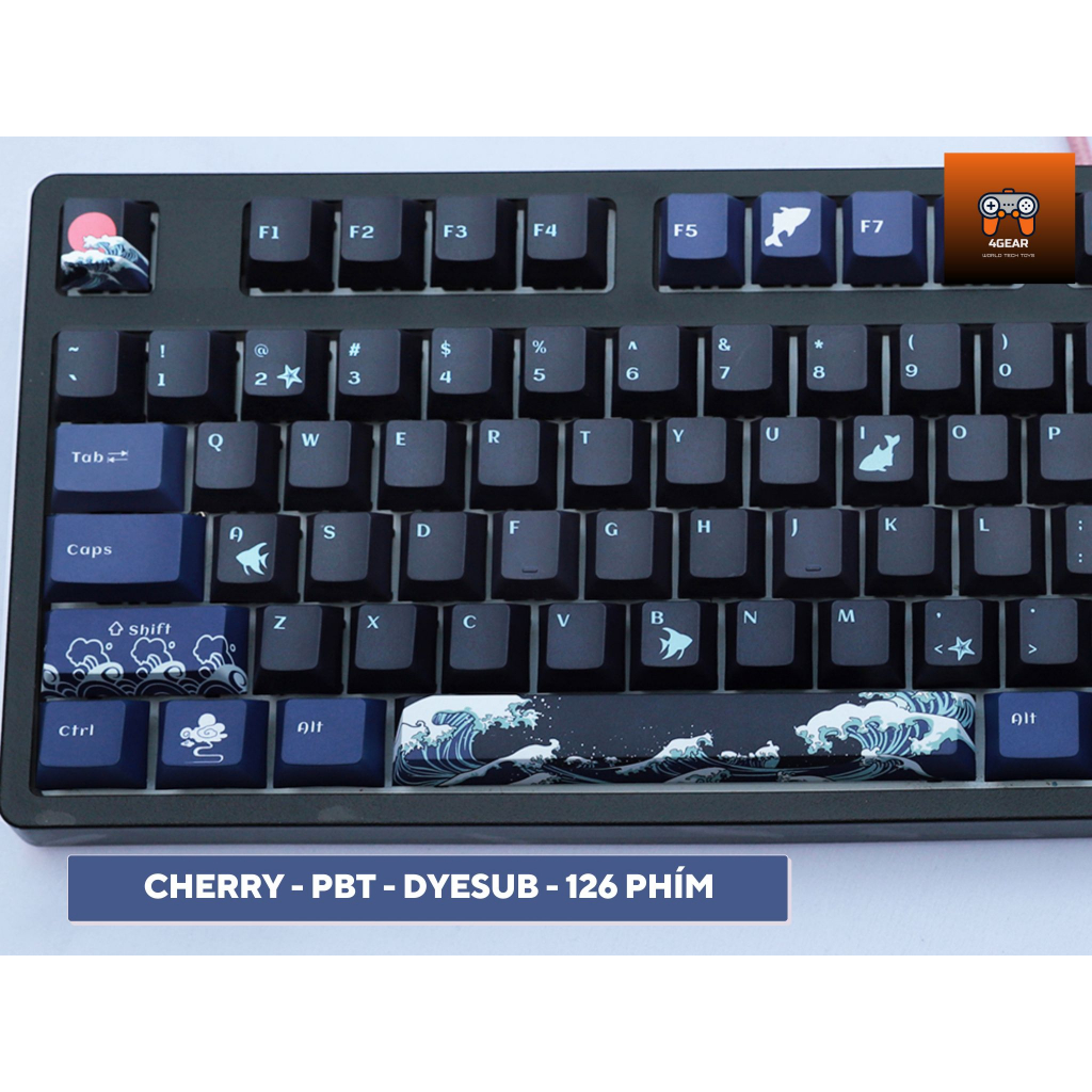 Keycap Coral Sea Black nhựa PBT profile Cherry in dyesub 126 nút cho bàn phím cơ layout 108/104/98/87/84/75/68/64/61
